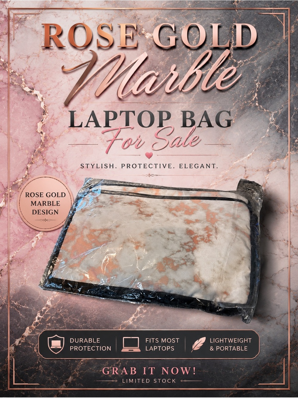 Rose Gold Metallic & Grayish/Blue-Marbled Designed Laptop Electronics Case🍑☑️💙